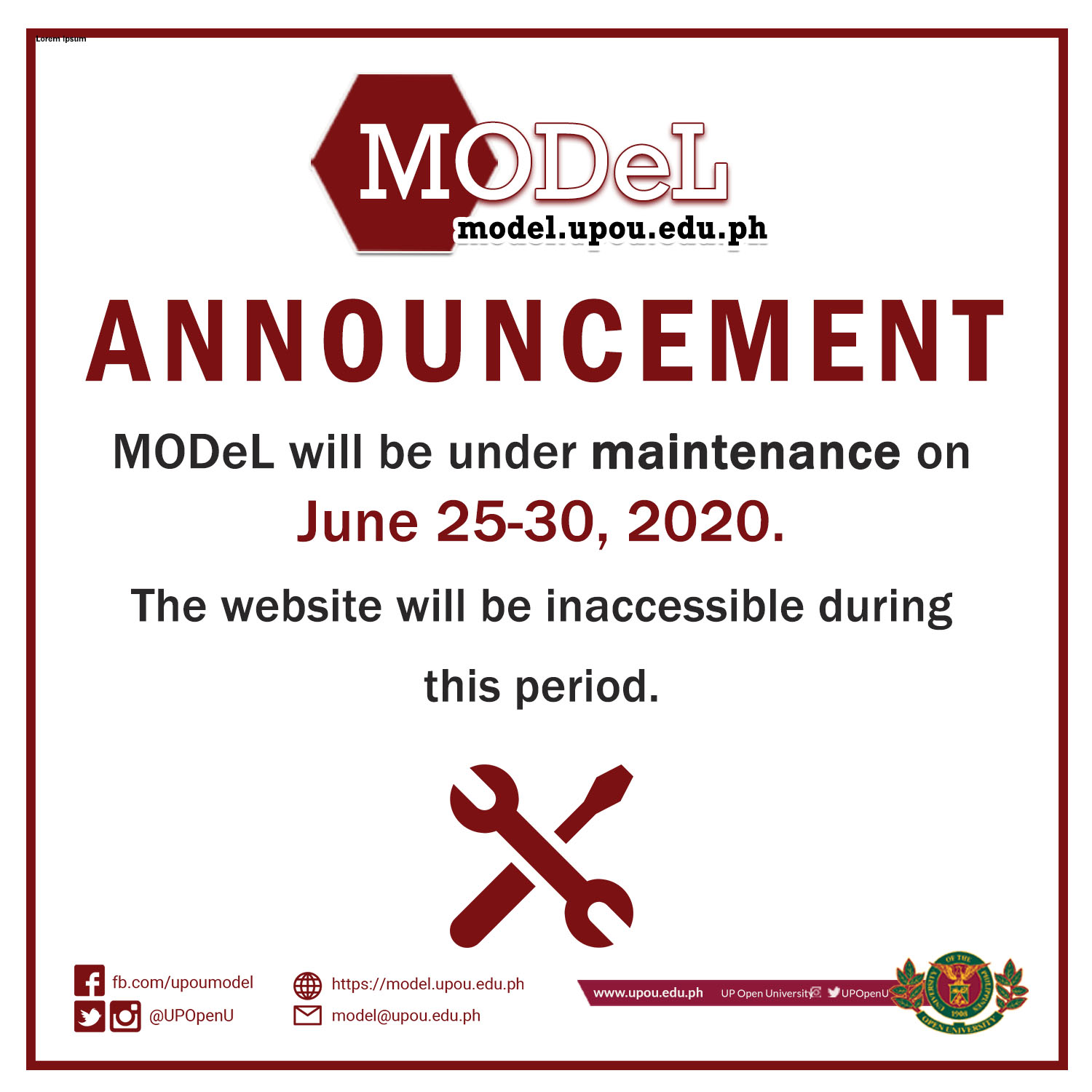 MODeL Maintenance Announcement June 2020